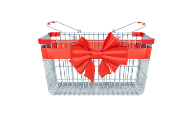A shopping basket with a large red ribbon tied in a bow around it.